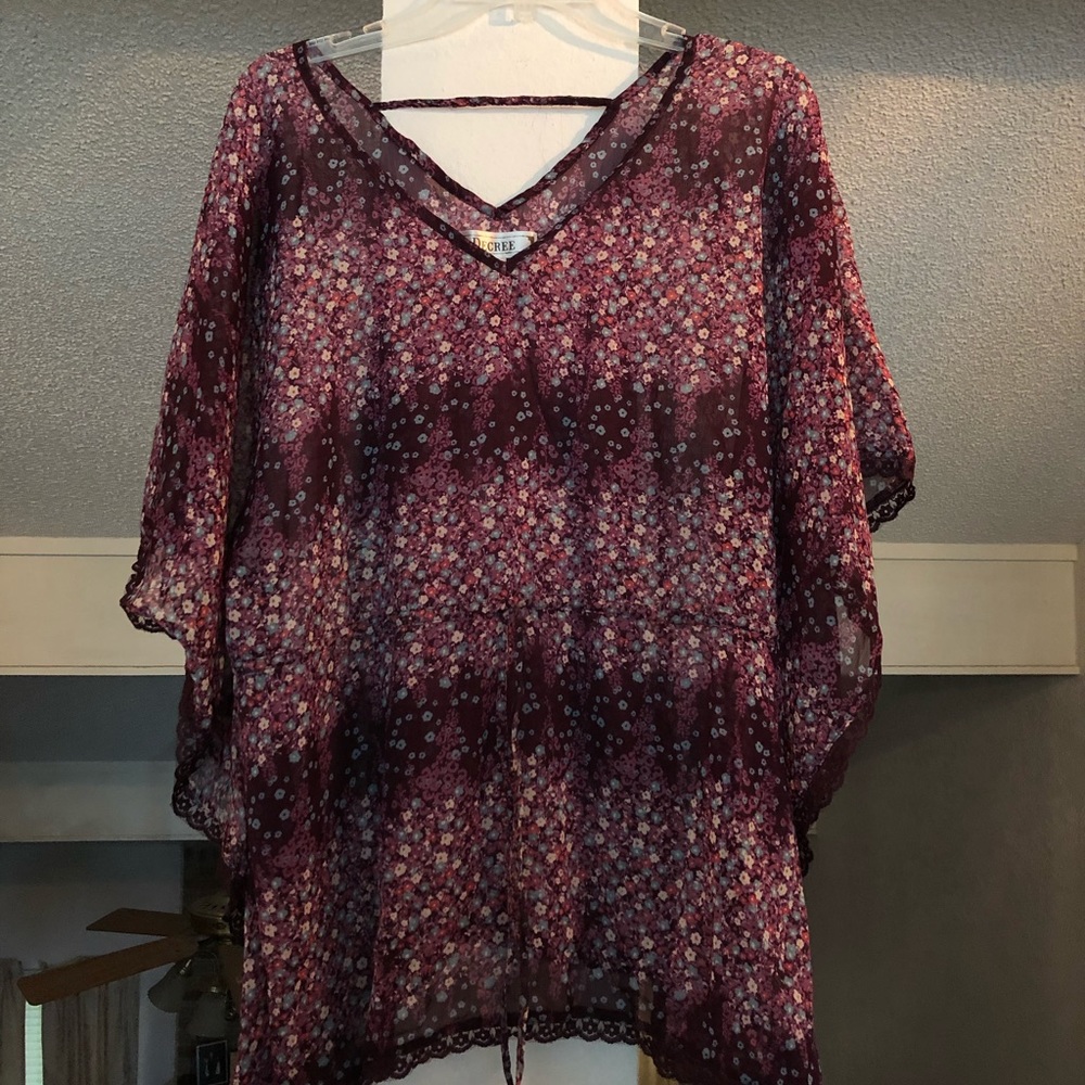 Sheer purple butterfly sleeve top with flowers